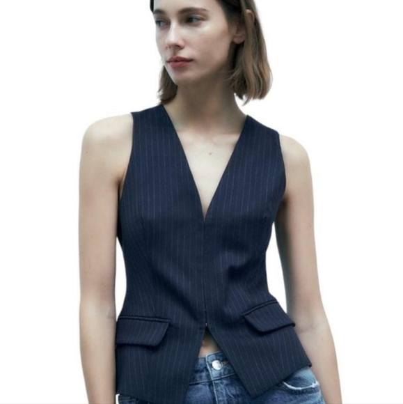 Zara Navy Blue Pinstripe Vest (S) - Picture 4 of 5